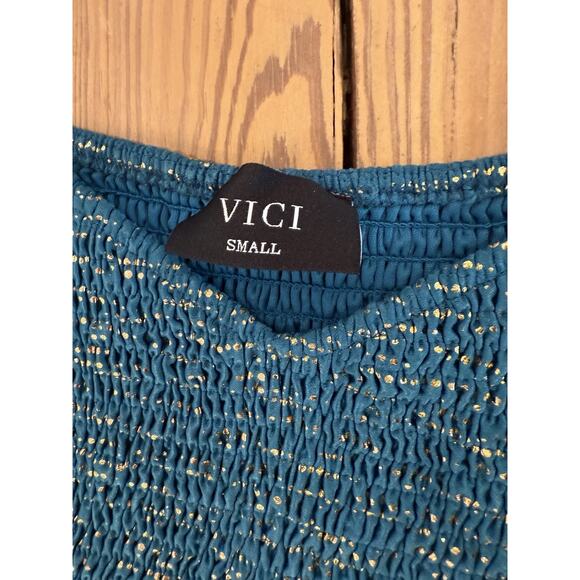 Vici Smocked Long Sleeve Dress Ruffle Hem Blue Gold Small Lined - Picture 5 of 6